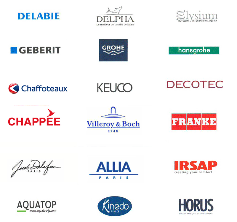 Marques plomberie & salle de bain : Delabie, Delpha, Geberit, Grohe, hansgrohe, Chaffoteaux, Keuco, Decotec, Chappée, Villeroy & Boch, Franke, Jacob Delafon, Allia, Irsap, Aquatop, Kinedo, Horus