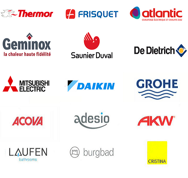 Marques chauffage : Thermor, Frisquet, Atlantic, Geminox, Saunier Duval, De Dietrich, Mitsubishi Electric, Daikin, Grohe, Acova, Adesio, AKW, Laufen, Burgbad, Cristina